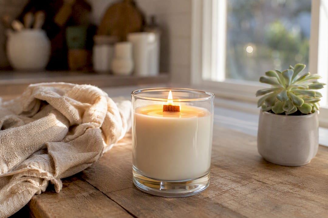 Burning wooden wick candle close-up