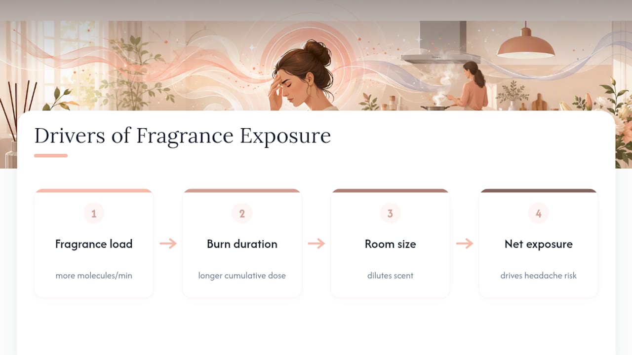 Diagram showing fragrance strength and burn time impact on headache risk