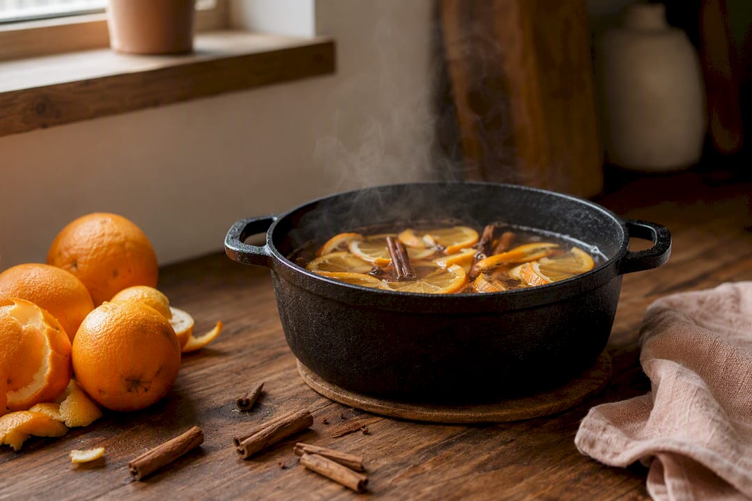 Simmer pot with orange peel and cinnamon sticks