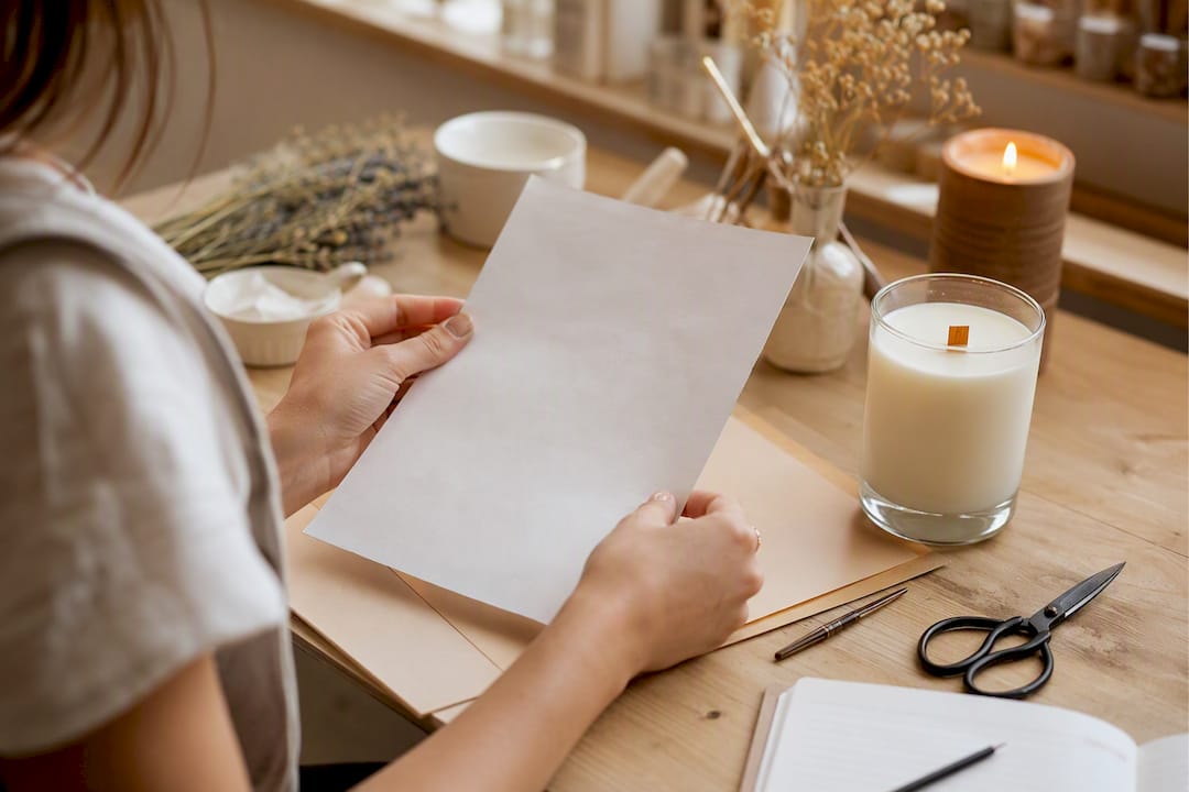 Hands reviewing fragrance certificate near candle