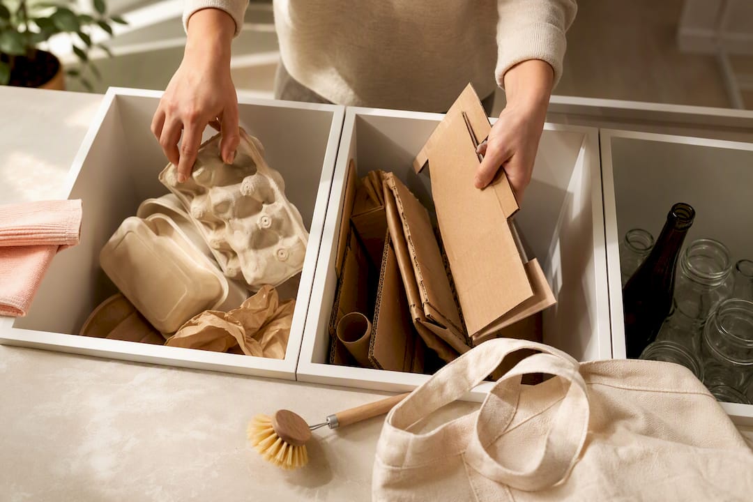 Hands sorting packaging into disposal streams