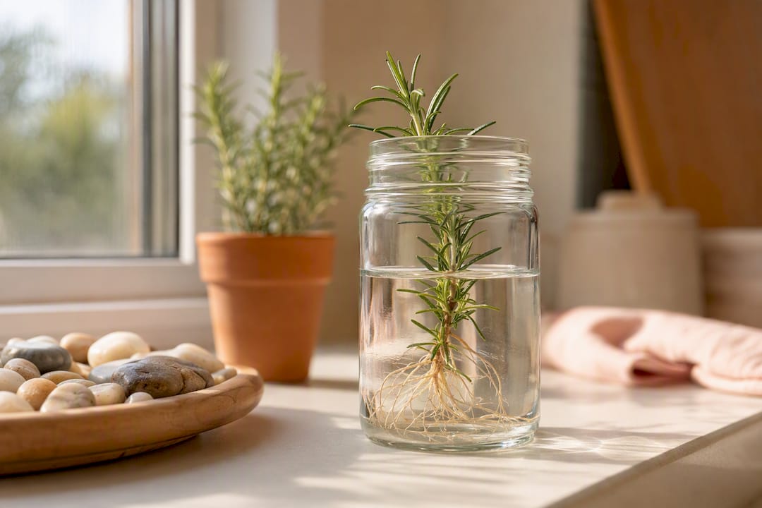 Plant cutting growing in reused glass jar