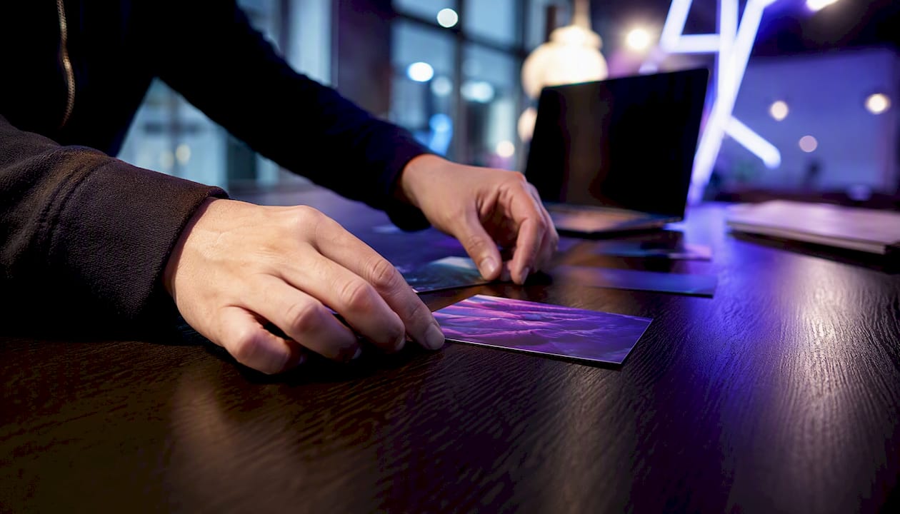 Hands arranging evidence cards for portfolio