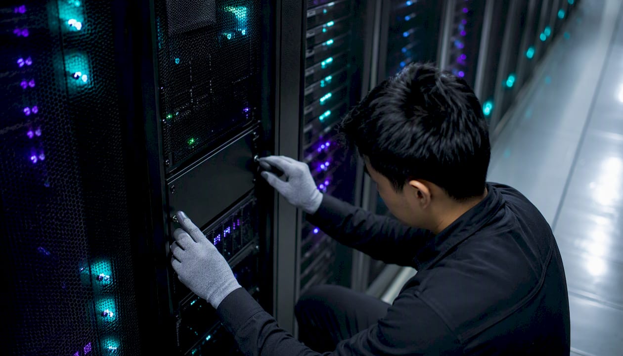 Technician securing server room equipment