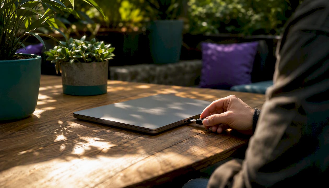 Hand inserting security key into laptop