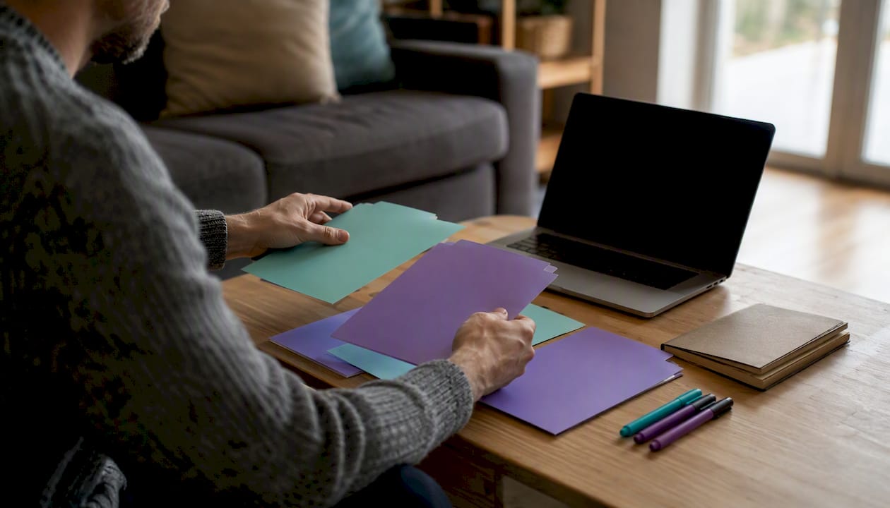 Hands organizing folders on a laptop keyboard edge
