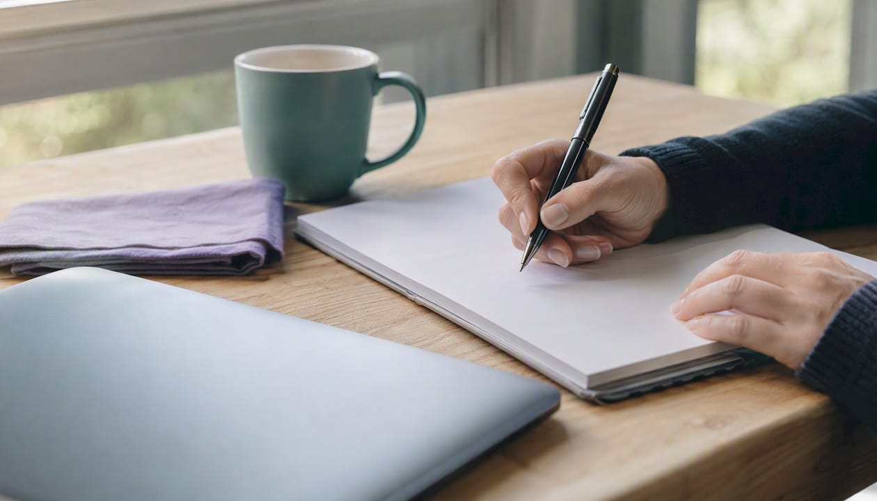 Hands writing tailored job notes at desk