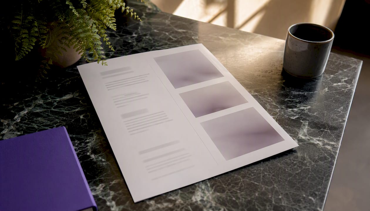 Two-column portfolio layout mockup overhead