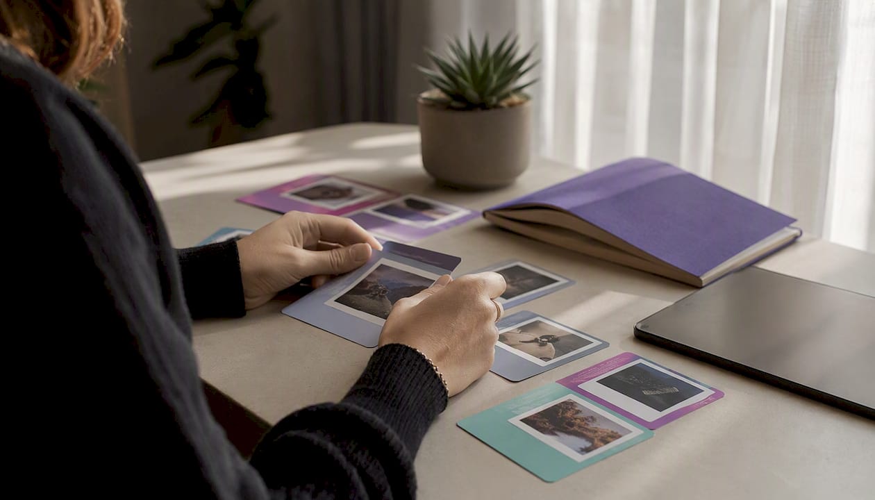 Hands gesturing toward portfolio evidence on desk