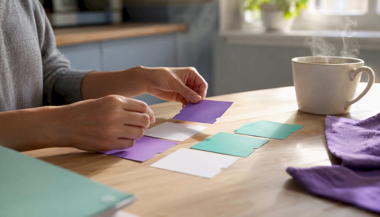 Hands arranging modular letter sections on cards