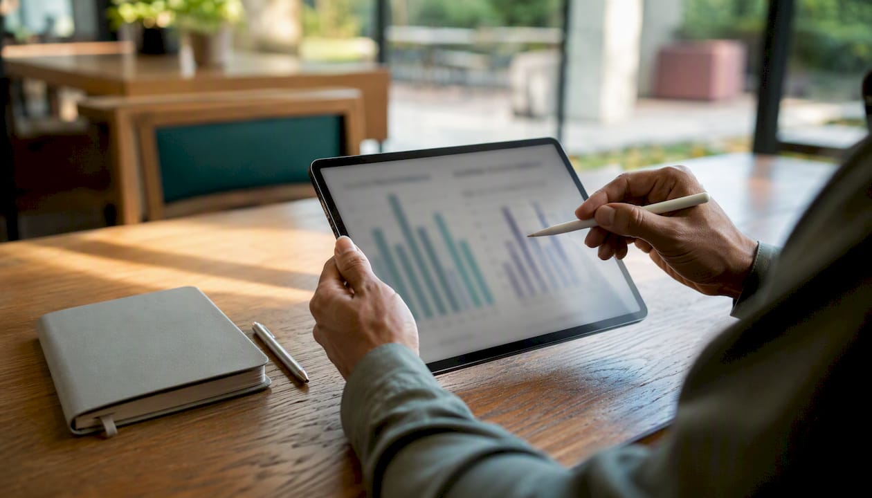 Hands holding stylus over consulting bar chart on tablet