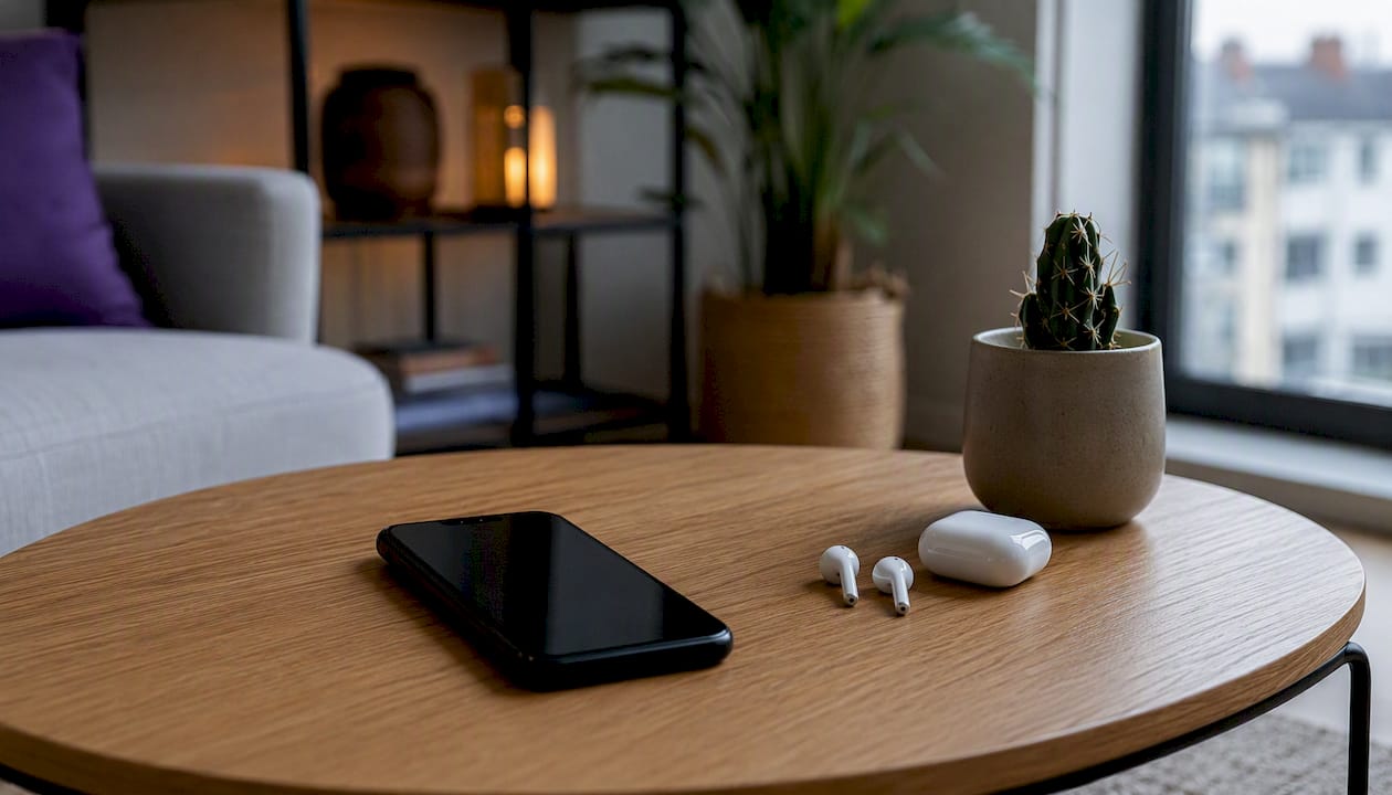 Smartphone with dark screen and earbuds on desk