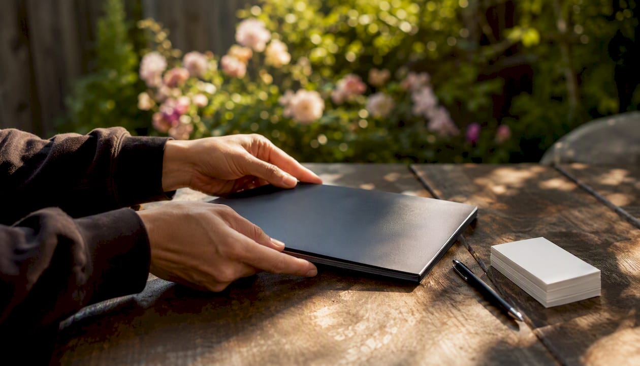 Hands arranging digital career portfolio items