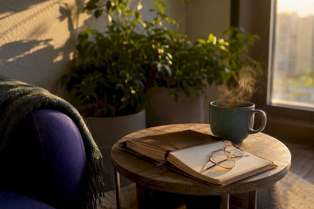 Journal, glasses, and tea on desk in warm light