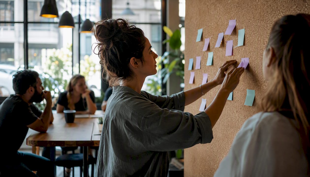 Hands arranging sticky notes on wall