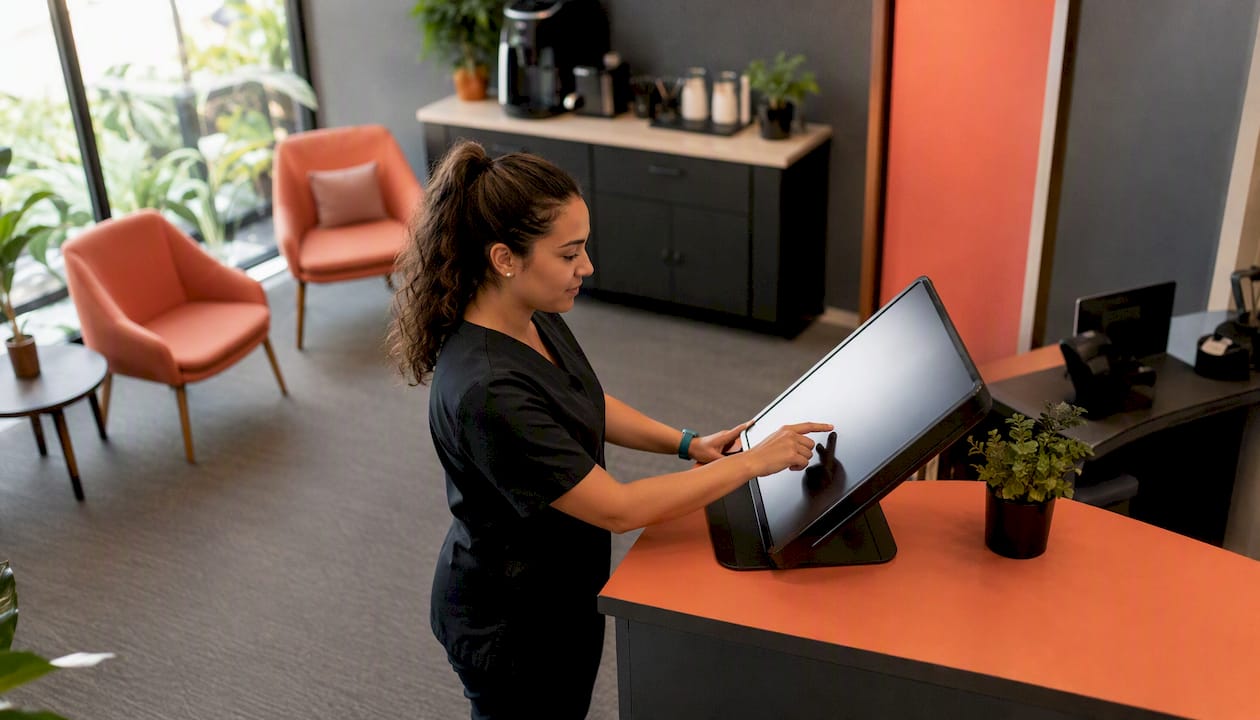 Receptionist confirming instant bookings at clinic front desk