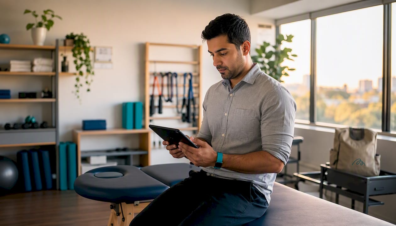 Physiotherapist viewing notes on tablet