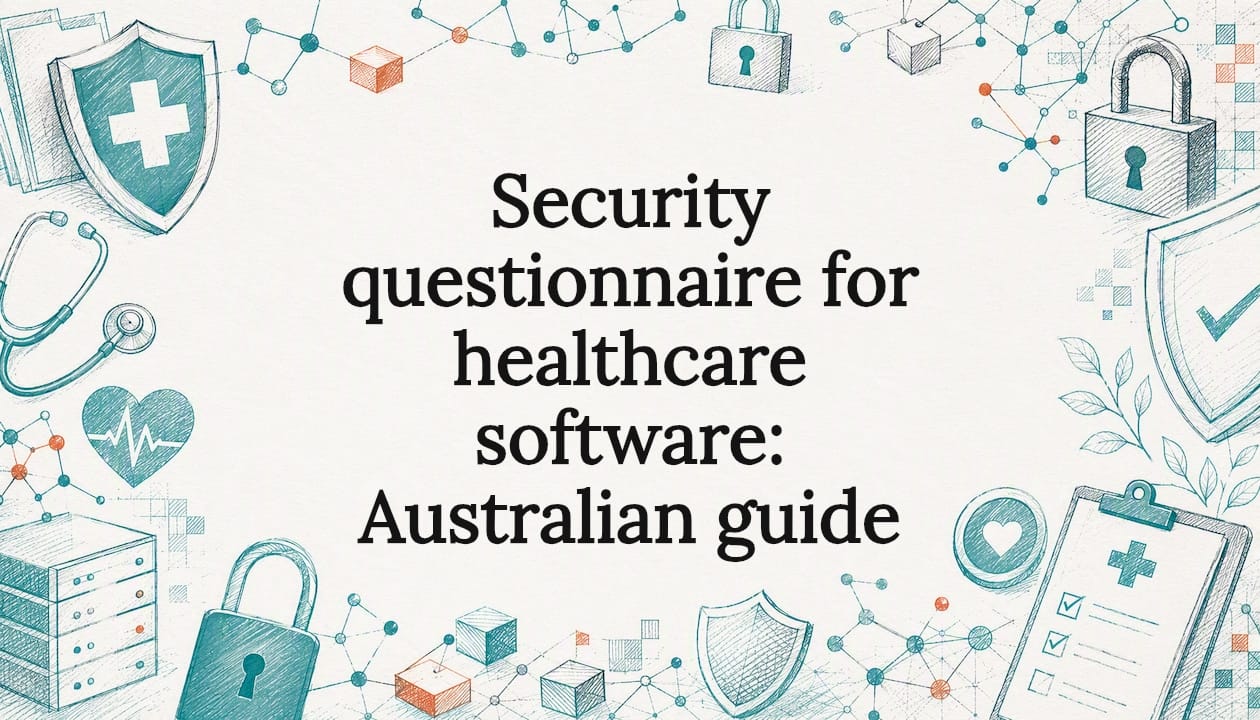 Decorative title card illustration with healthcare security motifs