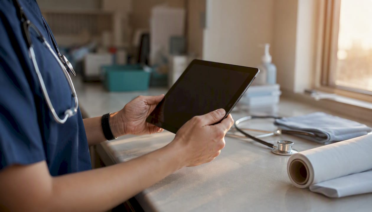 Hands holding tablet with healthcare items on desk