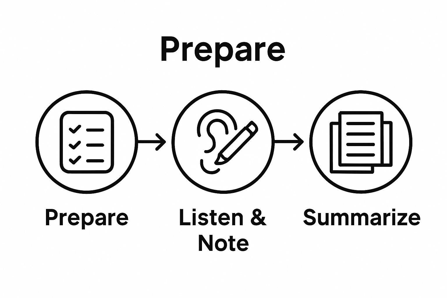 Infographic showing three steps: prepare, listen, summarize.