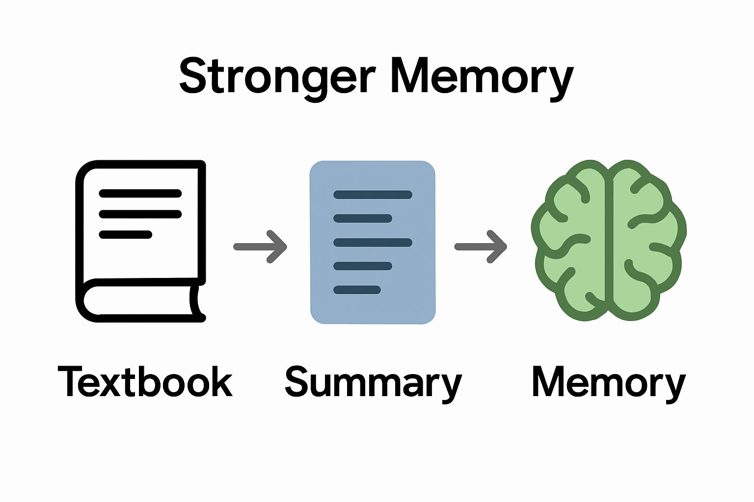 How summaries improve memory: textbook, summary sheet, brain icons