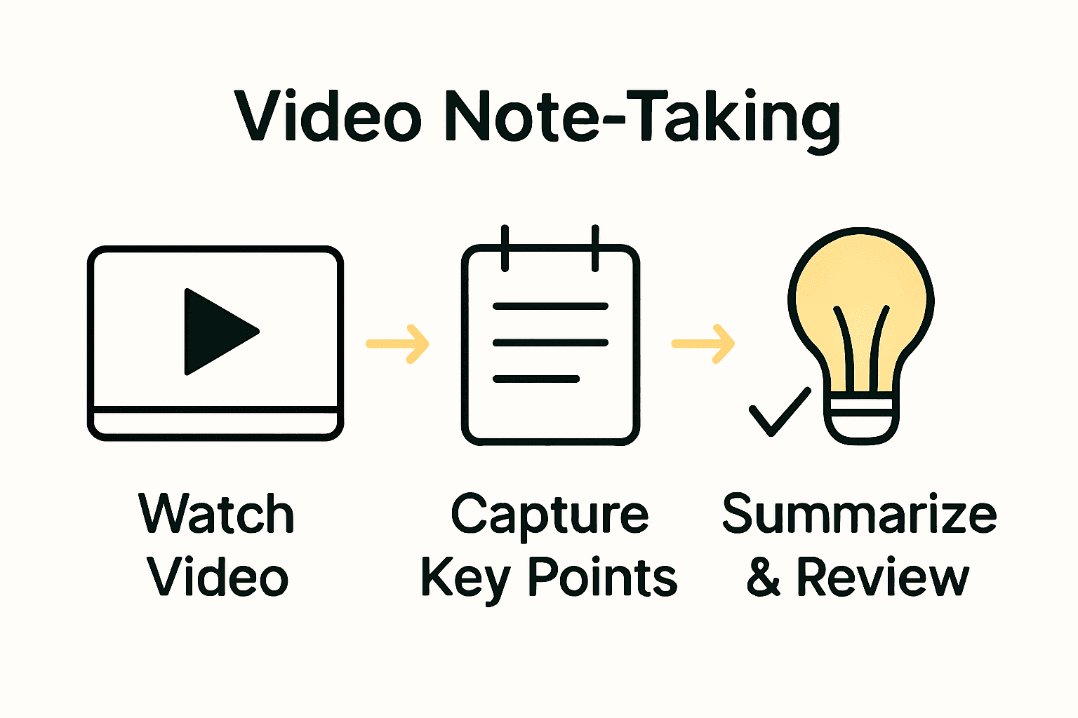Infographic showing steps for video note-taking: watch, capture notes, and summarize.
