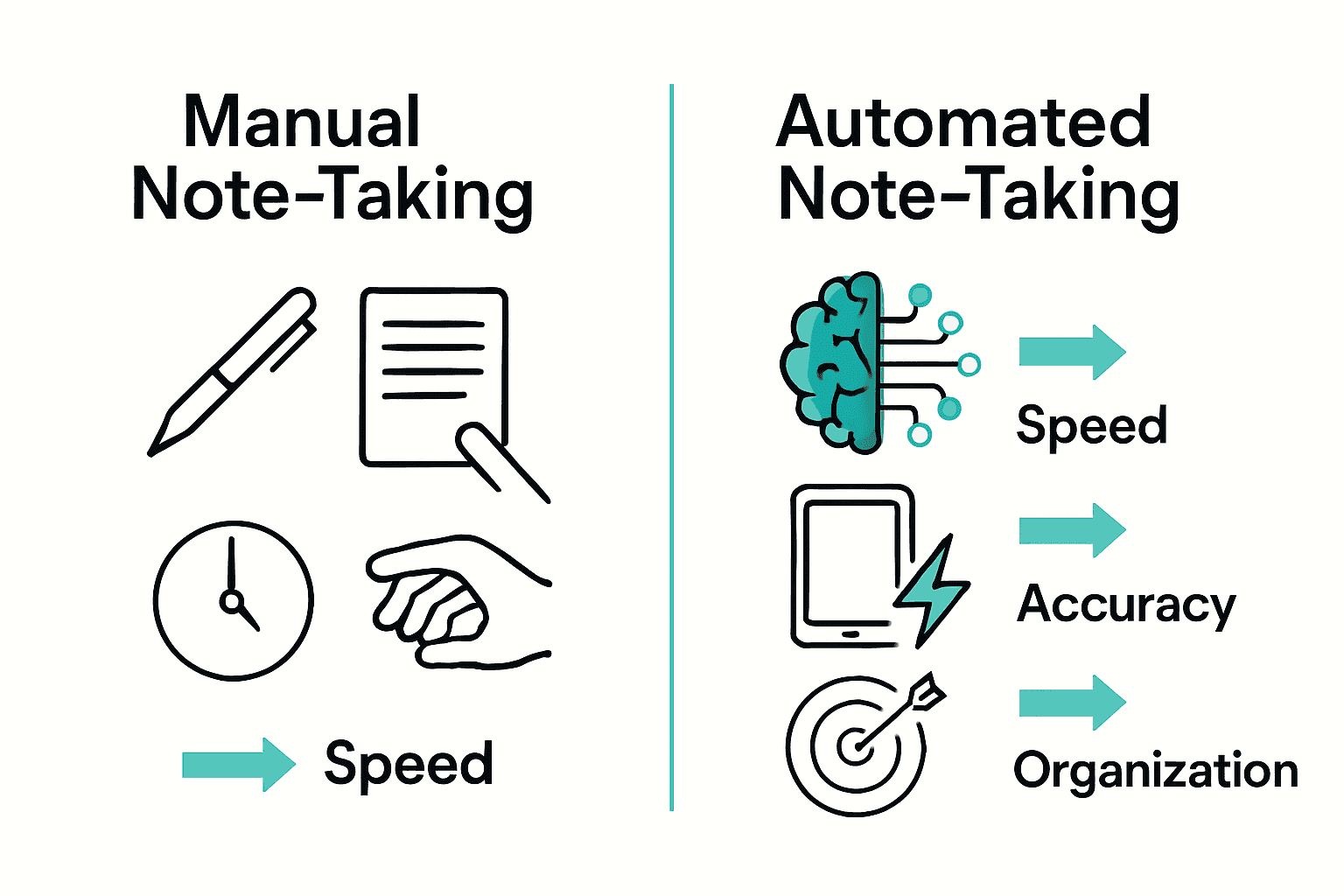 Infographic comparing manual vs. automated note-taking: speed, accuracy, organization.