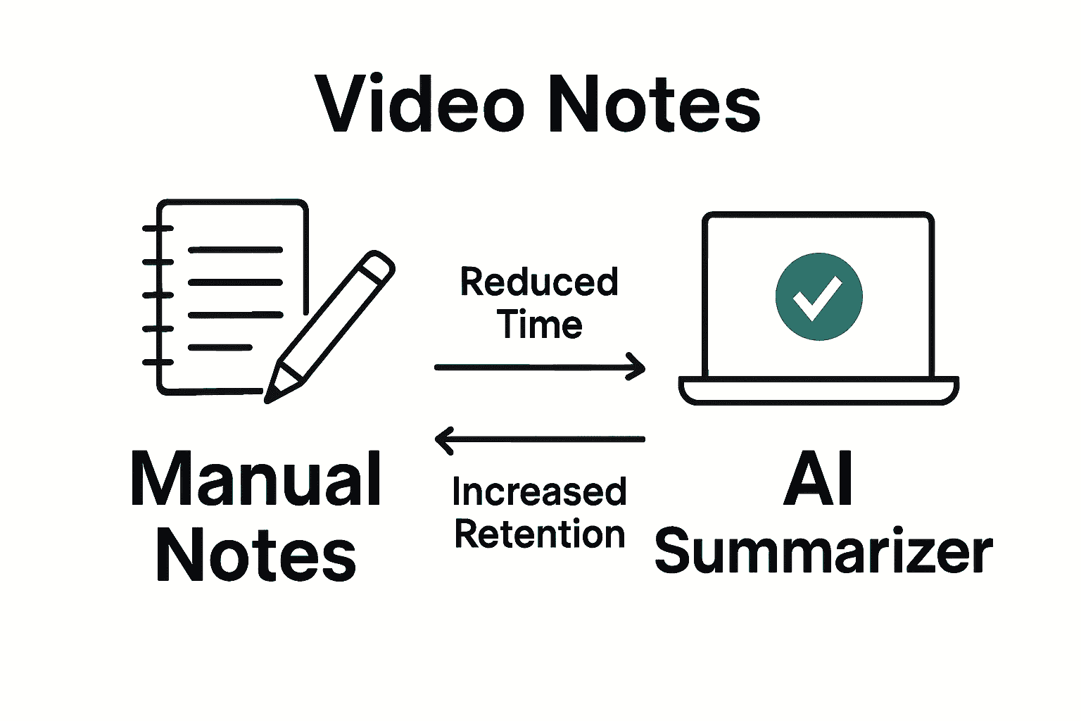 Infographic contrasting manual note-taking with AI video summarizer process.