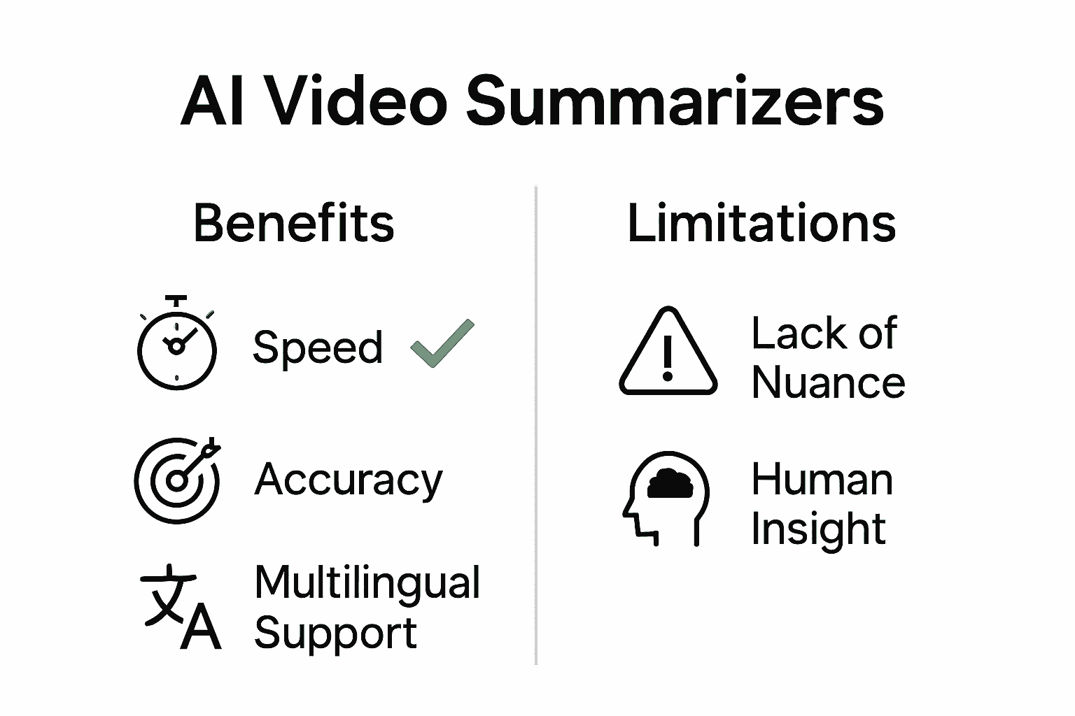 Infographic comparing AI video summarizer benefits and limitations with icons and arrows