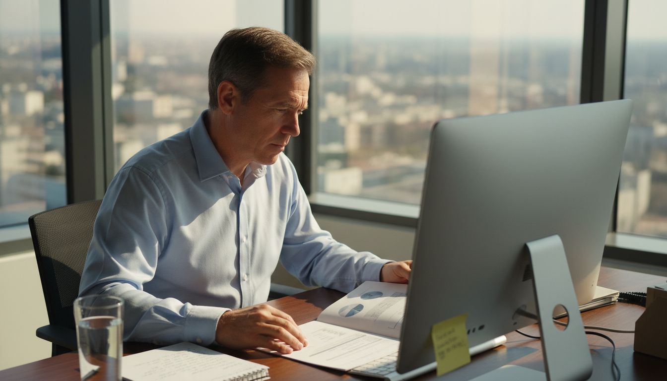 Office worker reading summarized business report