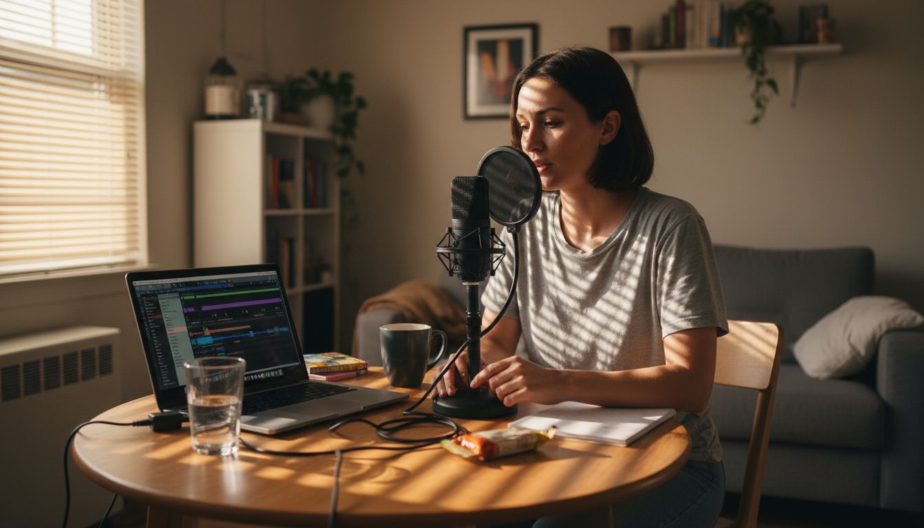 Woman recording a podcast at home