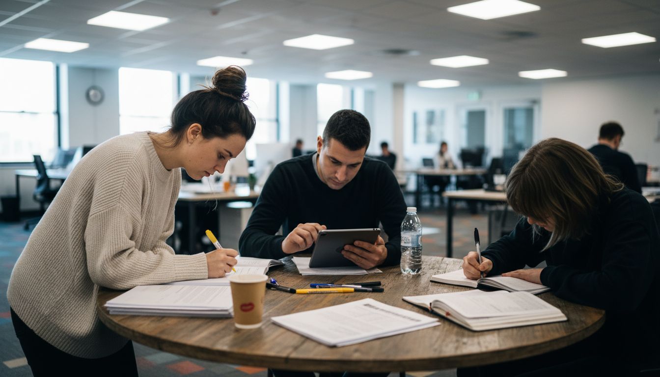 Team collaborating on article summaries