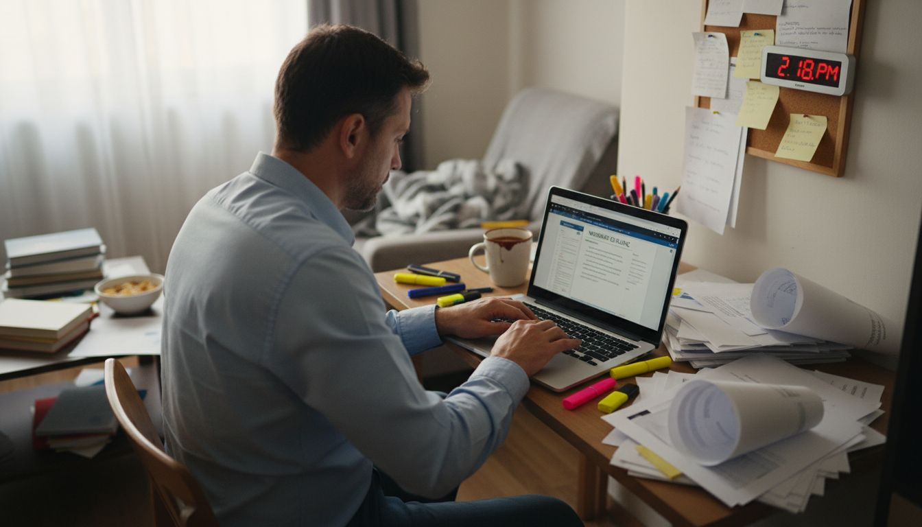 Man organizing webinar notes on cluttered desk