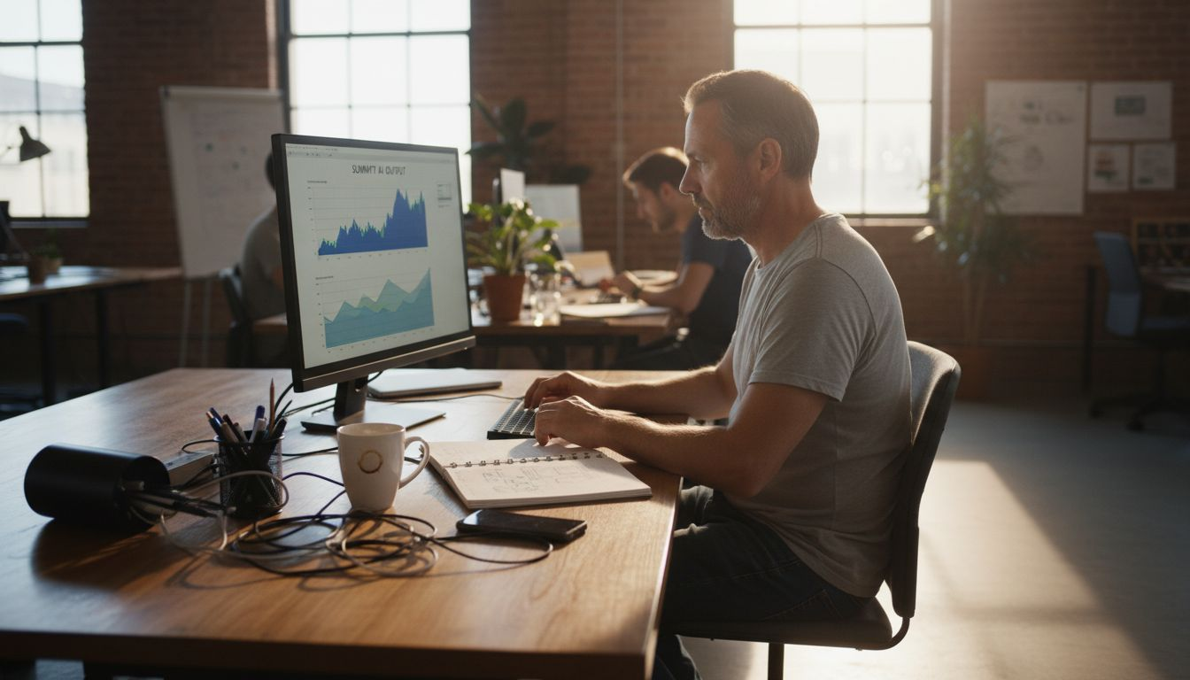 Engineer reviews AI summary output on monitor