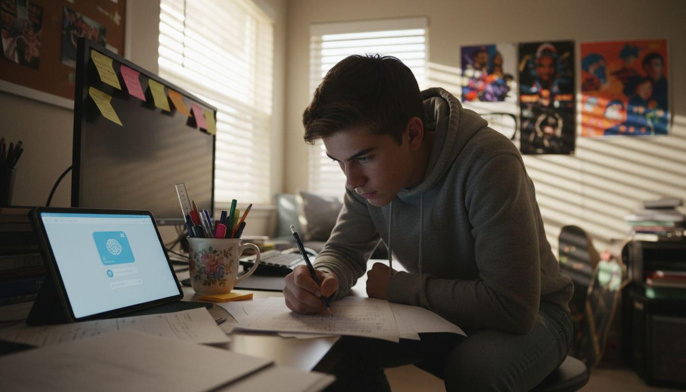 Student working with AI tutor at home desk