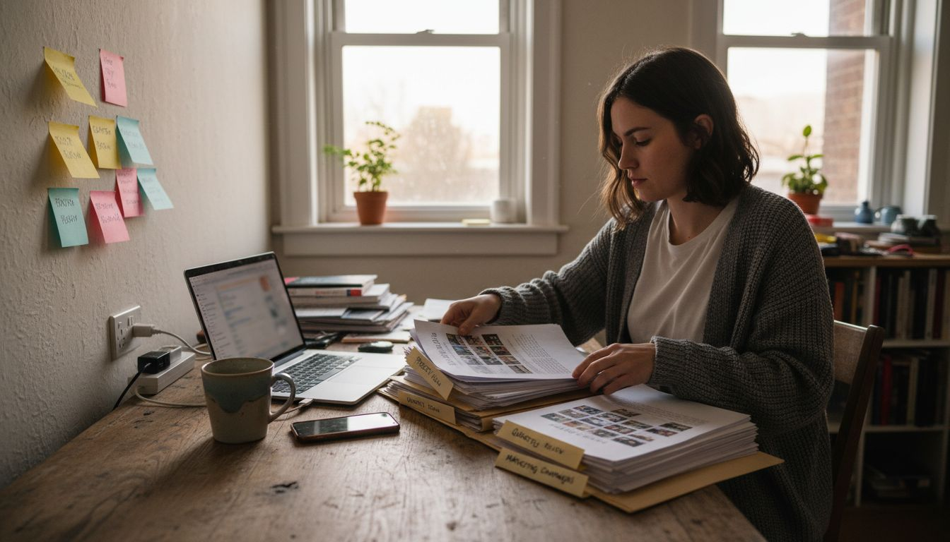 Person organizing summaries in home workspace