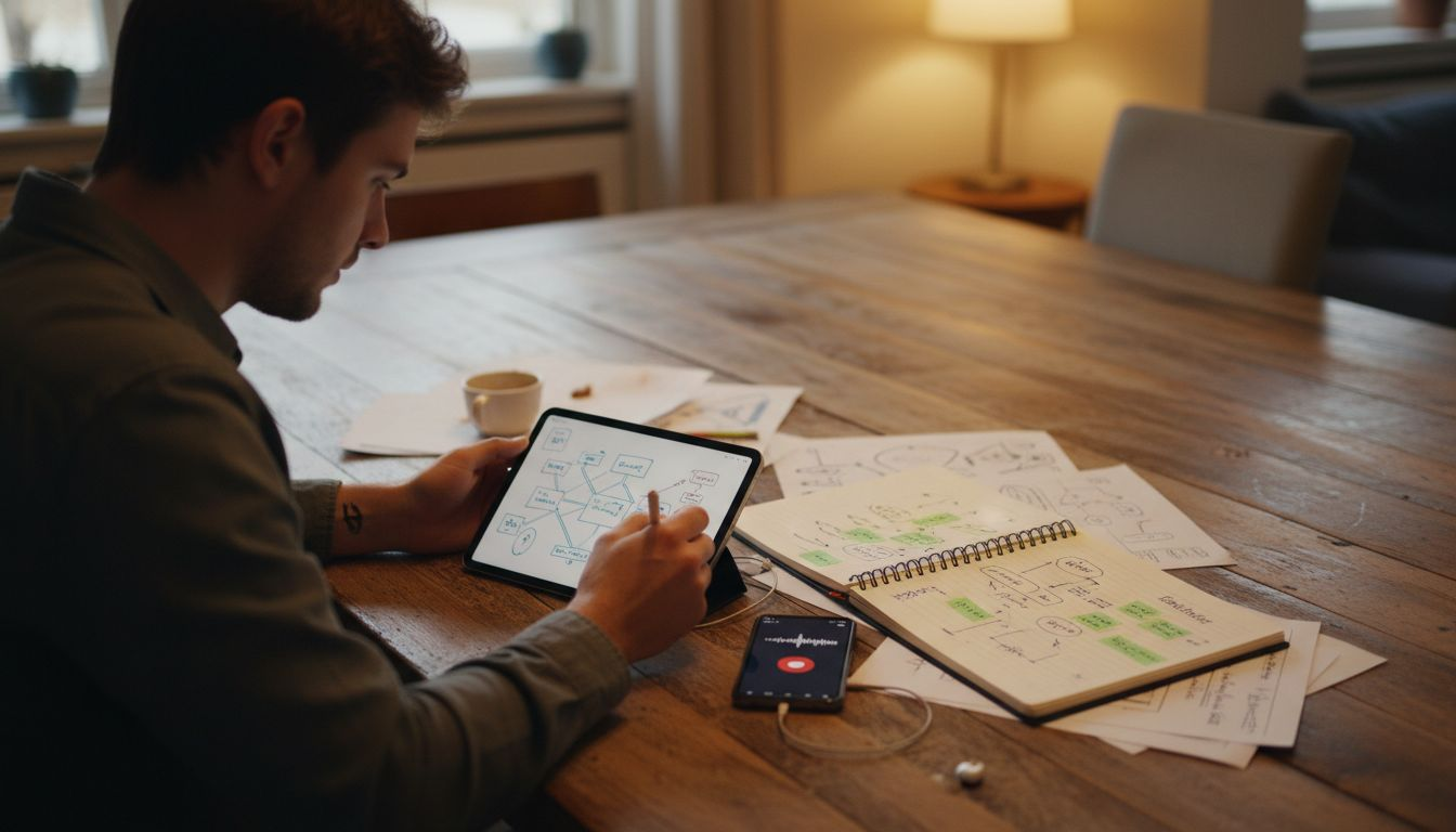 Man organizing webinar notes on tablet