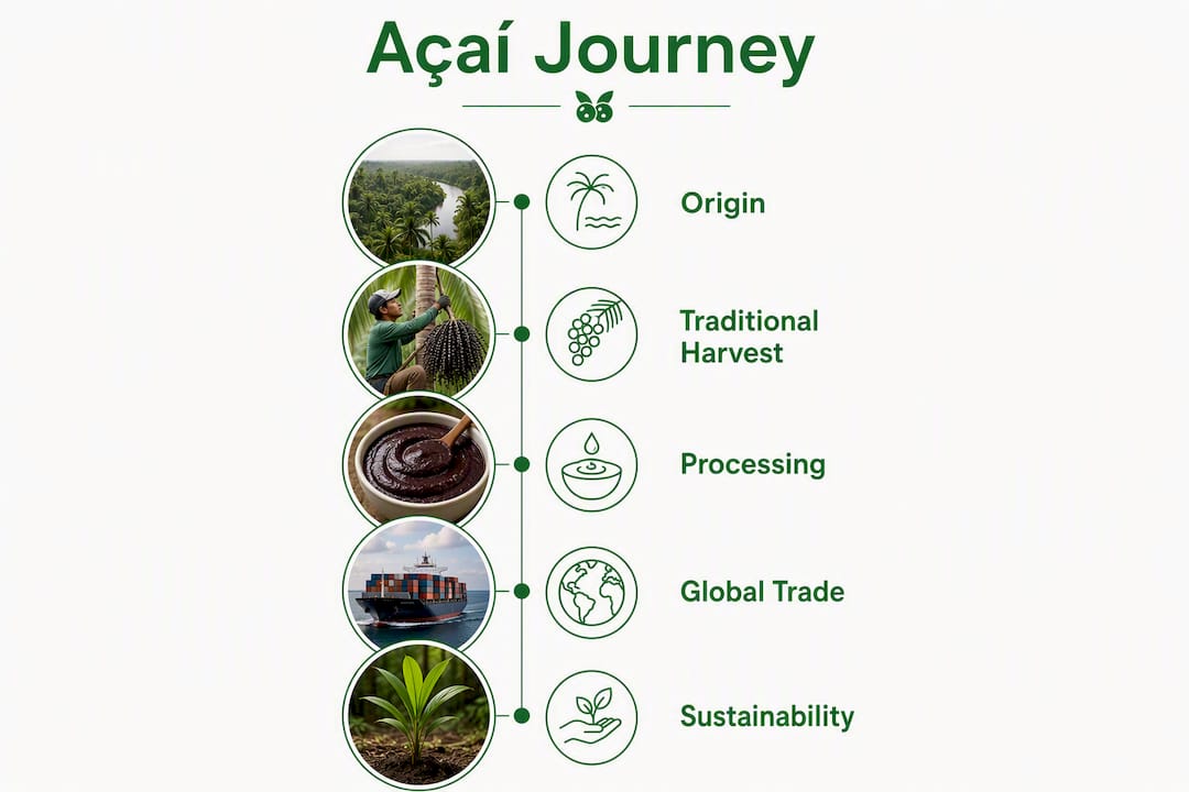 Infographic outlining açaí origin and cultivation stages