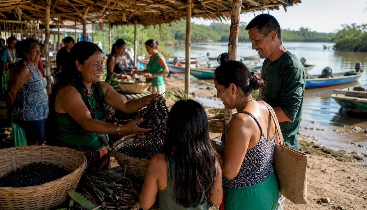 Riverside market selling açaí in Amazon