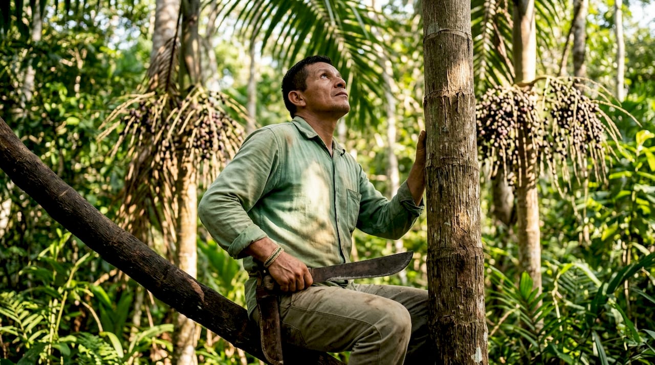 Hands tying palm fiber rope for climbing açaí palm