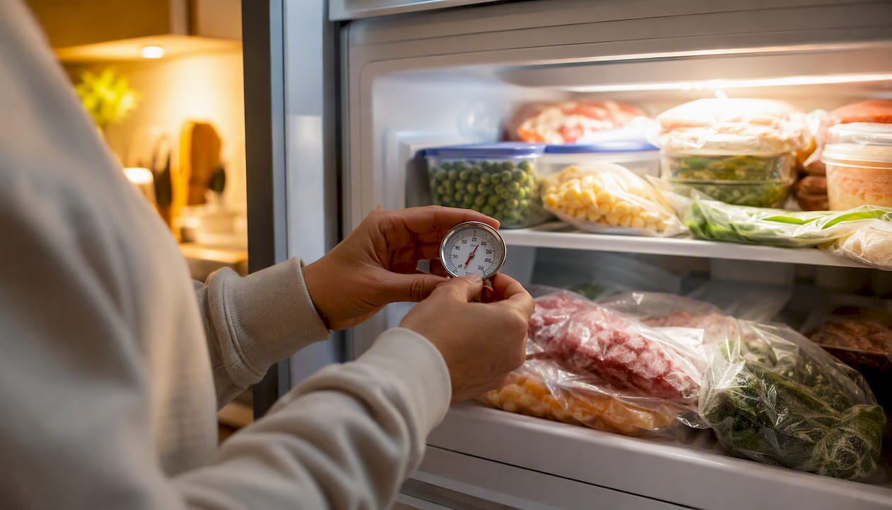 Hands checking freezer temperature after power cut
