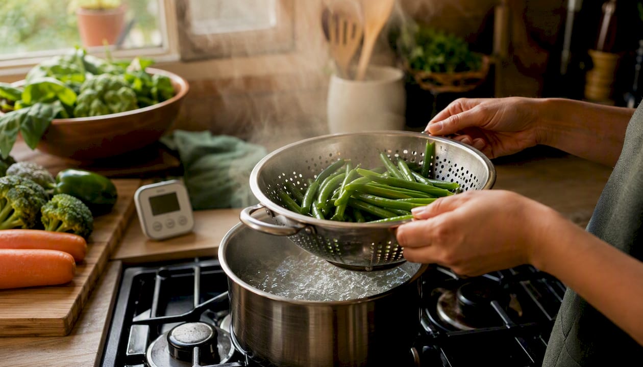 Hands blanching vegetables over boiling water