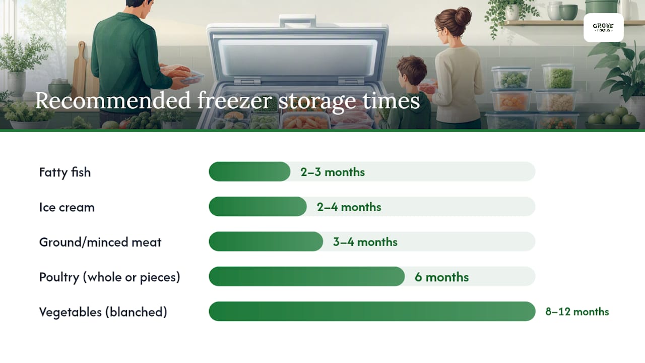 Storage time of frozen foods by category infographic