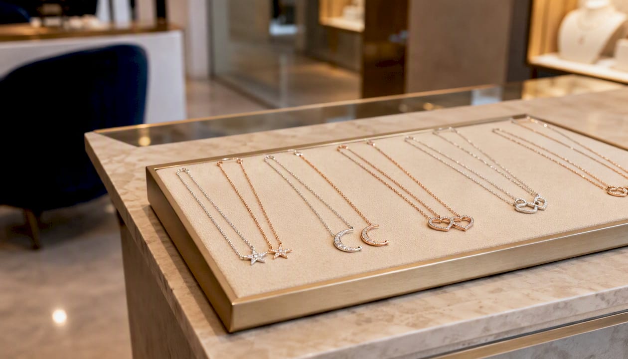 Close-up of friendship necklaces display in store