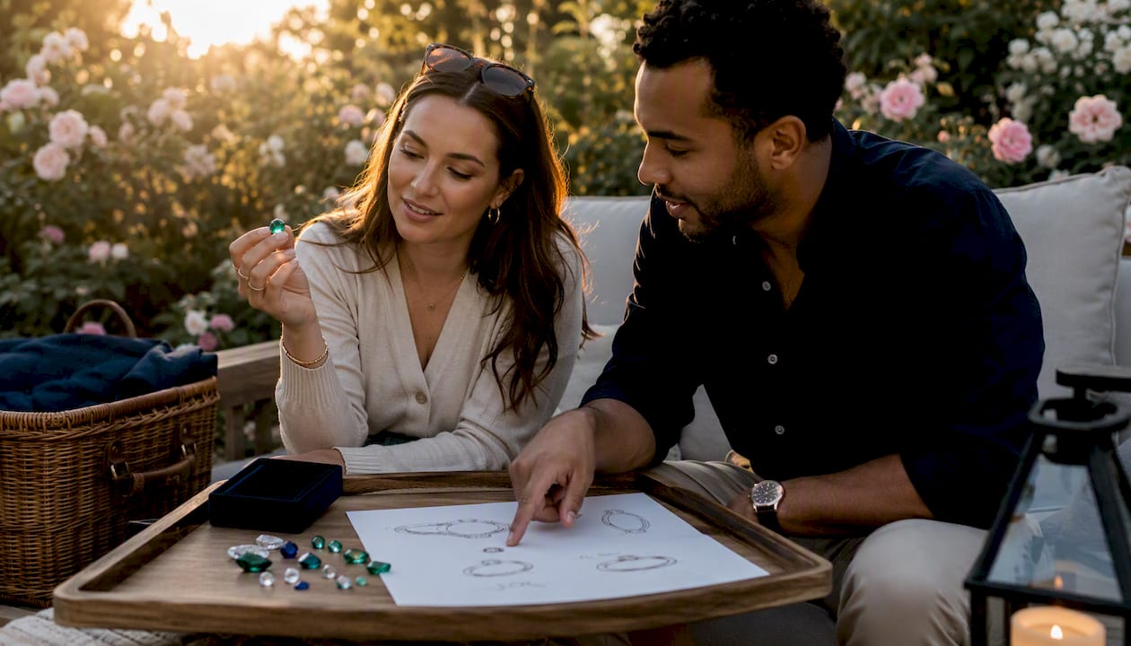 Couple selecting anniversary gemstones together