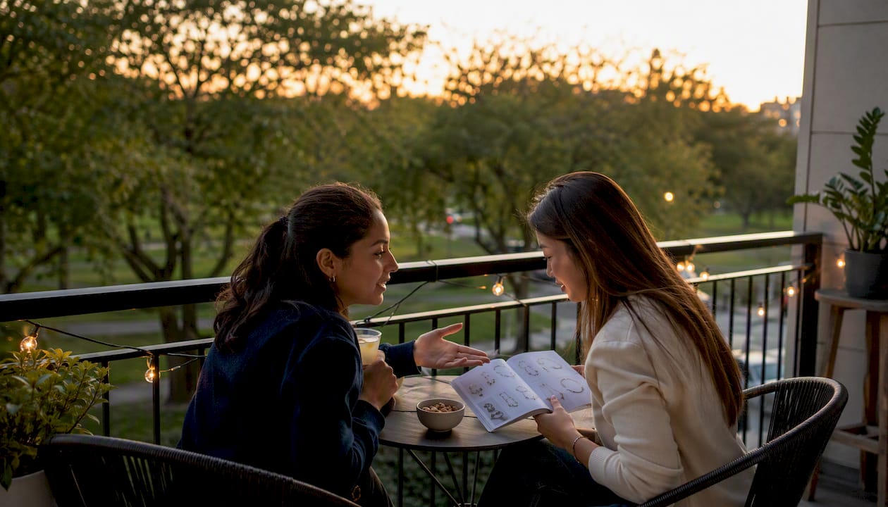 Two friends discussing friendship jewelry options at café table