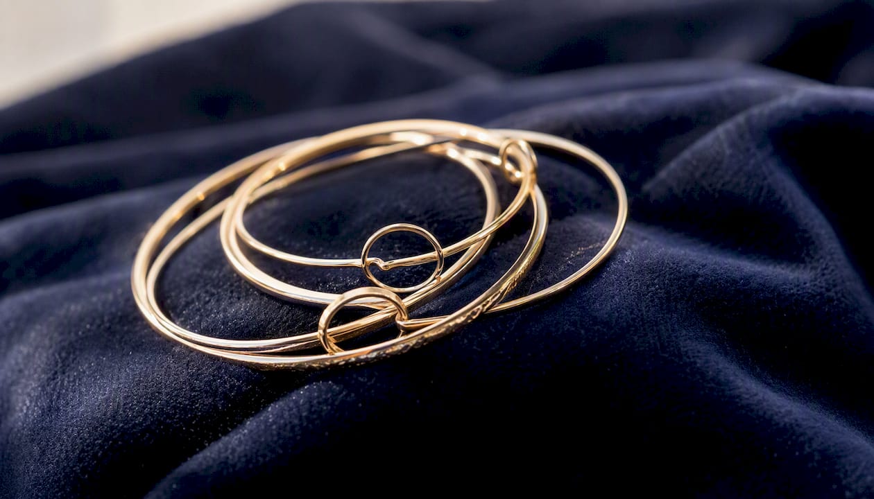 Layered gold circle stacking bracelets close-up