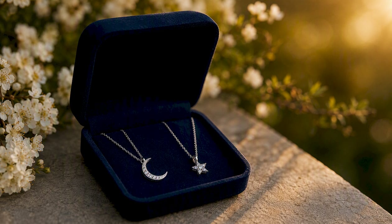 Moon and star friendship pendants in jewelry box