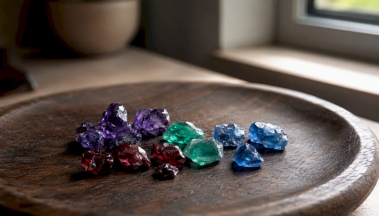 Close-up of assorted raw birthstone gemstones