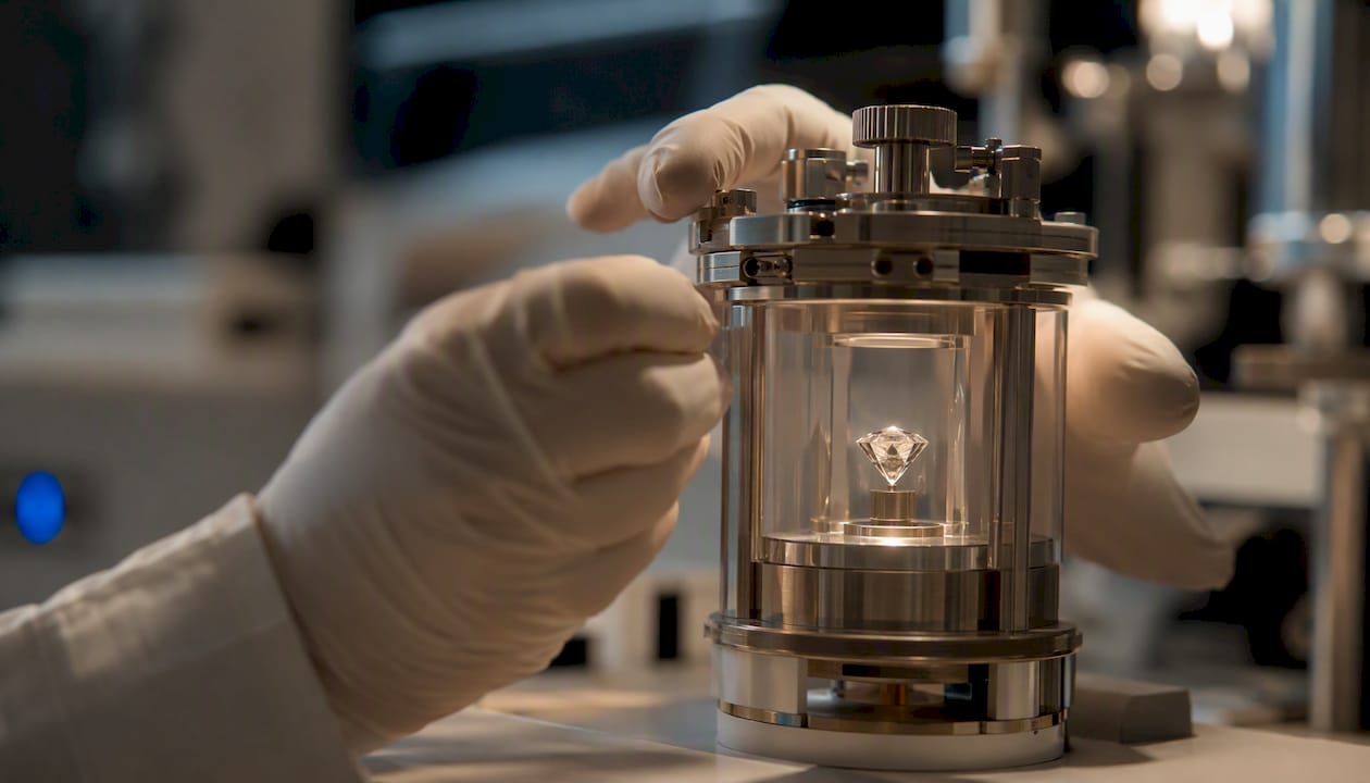 Lab technician holding diamond growth apparatus